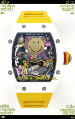 Richard Mille Super Clone RM088 Smiley Tourbillon White Ceramic Rubber Strap Watch 
