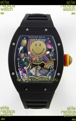 Richard Mille Super Clone RM088 Smiley Tourbillon Black Ceramic Rubber Strap Watch 