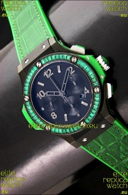 Hublot Big Bang All Black Edition in Green Strap and Baguette Diamonds Bezel