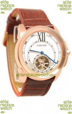 Calibre de Cartier Flying Tourbillon Japanese Replica Rose Gold Watch in Brown Strap
