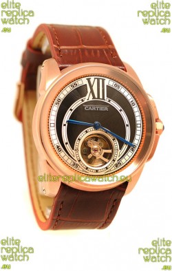 Calibre de Cartier Flying Tourbillon Japanese Replica Rose Gold Watch in Black Dial