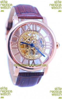 Ronde De Cartier Skeleton Rose Gold Japanese Watch 