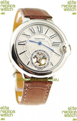 Ballon Bleu De Cartier flying Tourbillon Japanese Replica Steel Watch in Brown Strap