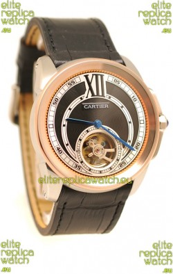 Calibre de Cartier Flying Tourbillon Japanese Replica Rose Gold Watch in Black Dial