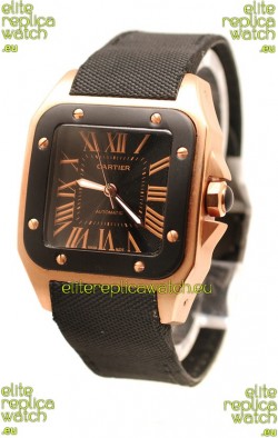 Cartier Santos 100 Swiss Replica Pink Gold Watch in Black Dial