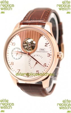 IWC Portuguese Tourbillon Mystere Japanese Replica Rose Gold Watch in White Dial