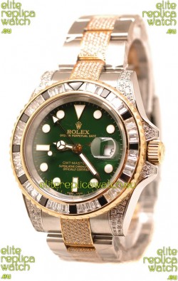 Rolex GMT Masters II 2011 Edition Swiss Replica Two Tone Watch with Diamonds Casing and Bezel