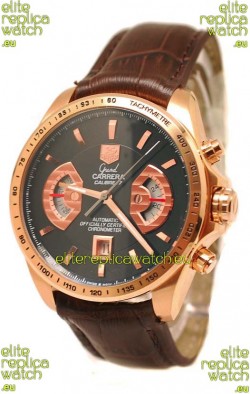 Tag Heuer Grand Carrera Japanese Replica Gold Watch in Black Dial