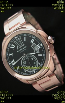 Calibre De Cartier Japanese Automatic Replica Rose Gold Watch in Black Dial