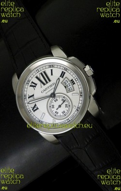 Cartier Calibre de Japanese Replica Steel Watch in Black Leather Strap