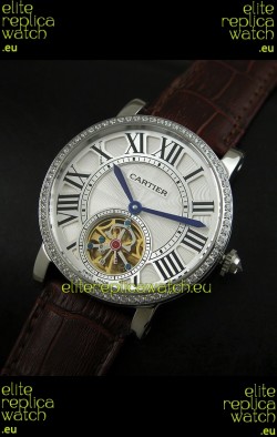 Cartier Ronde de Tourbillon Japanese Replica Diamond Watch in Brown Strap