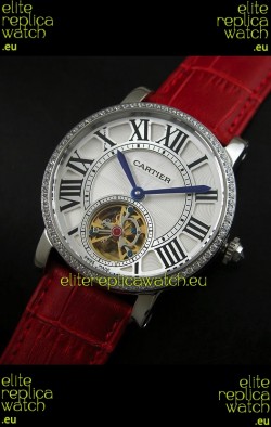 Cartier Ronde de Tourbillon Japanese Replica Diamond Watch in Red Strap