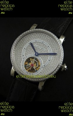 Cartier Ronde de Tourbillon Japanese Replica Diamond Watch in Black Strap