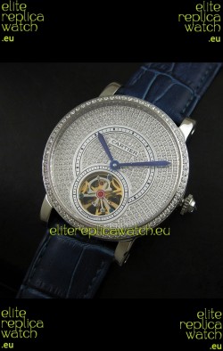 Cartier Ronde de Tourbillon Japanese Replica Diamond Watch in Blue Strap
