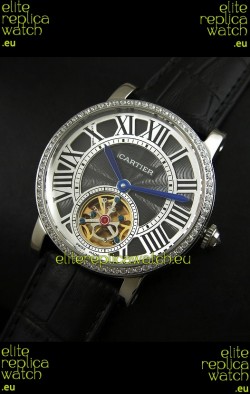 Cartier Ronde de Tourbillon Japanese Replica Diamond Watch in Black Dial