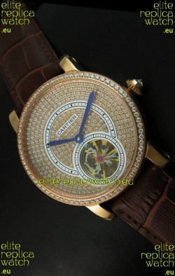 Ronde De Cartier Tourbillon Replica Watch Pink Gold Case - Dark Brown Strap