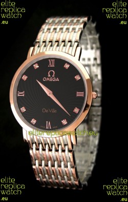 Omega DeVelie Japanese Replica Rose Gold Watch in Black Dial