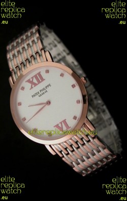 Patek Philippe Geneve Men Japanese Rose Gold Watch in White Dial