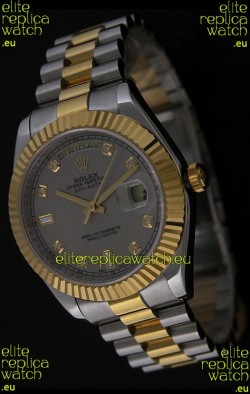 Rolex Day Date Just Japanese Replica Two Tone Gold Watch in Grey Dial