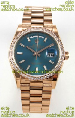 Rolex Day Date 128345 Rose Gold Green Crystal Dial Diamonds Bezel Super Clone Watch 
