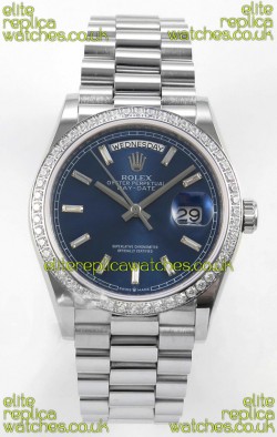 Rolex Day Date 128349 Stainless Steel Blue Crystal Dial Super Clone Watch 