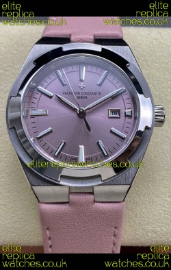 Vacheron Constantin Overseas 35MM Pink Dial Leather Strap Super Clone Watch 