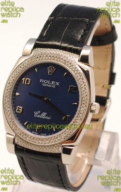 Rolex Cellini Cestello Ladies Swiss Watch in Dark Blue Face Diamonds Bezel and Lugs