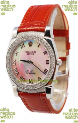 Rolex Cellini Cestello Ladies Swiss Watch White Pearl Roman Face Diamonds Bezel and Lugs