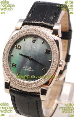 Rolex Cellini Cestello Ladies Swiss Watch in Black Pearl Face Diamonds Bezel and Lugs