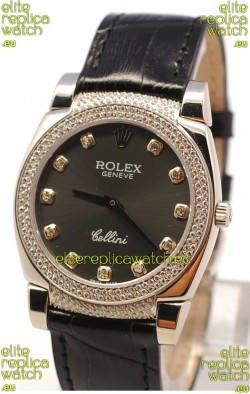 Rolex Cellini Cestello Ladies Swiss Watch in Matte Black Face and Diamond Bezel