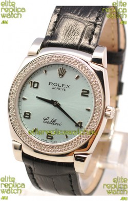 Rolex Cellini Cestello Ladies Swiss Watch in Blue Face Black Leather Strap Diamonds Bezel 