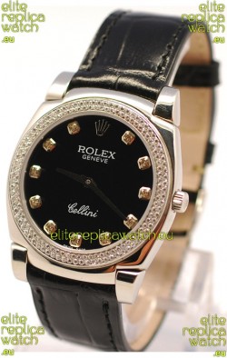 Rolex Cellini Cestello Ladies Swiss Watch in Black Face and Diamond Markers