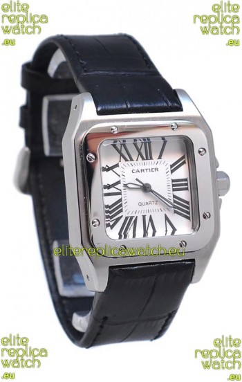 Cartier Santos 100 Japanese Ladies Replica Watch in Black Leather Strap
