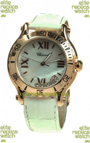 Chopard Happy Sport Diamonds Edition Replica Gold Watch in White Strap
