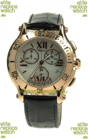 Chopard Happy Sport Diamonds Edition Replica Gold Watch in Black Strap