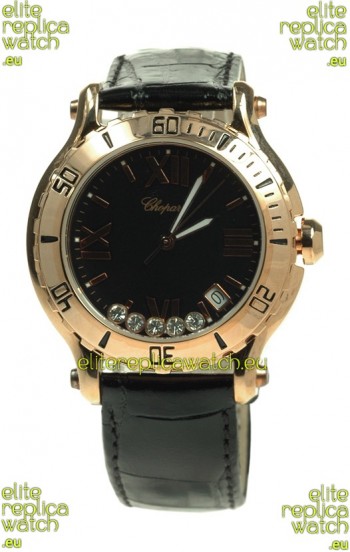 Chopard Happy Sport Diamonds Edition Replica Gold Watch in Black Strap