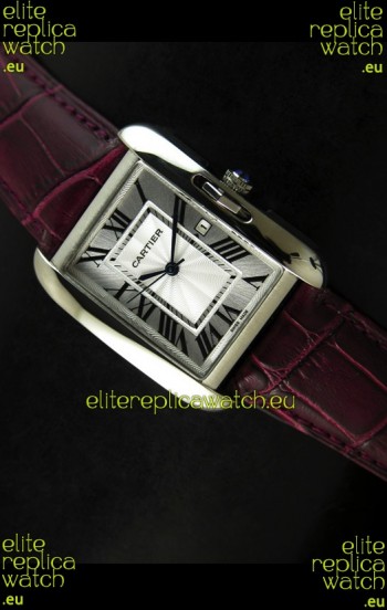 Cartier Tank Ladies Replica Watch in Steel Case/Maroon Strap