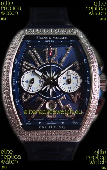 Franck Muller Vanguard Chronograph 904L Steel Blue Dial with Diamonds Swiss Watch 