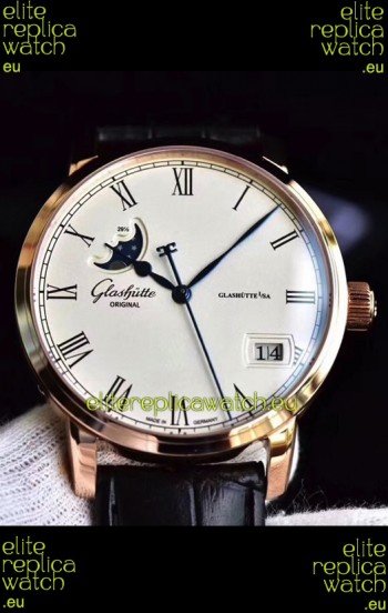 Glashuette Senator Excellence Panorama Date Moon Phase Pink Gold Swiss Watch