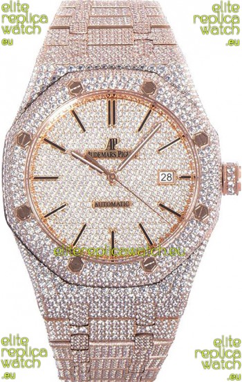 Audemars Piguet Royal Oak 15400 Iced Out Stick Markers Dial in Rose Gold Casing Swiss Replica Watch