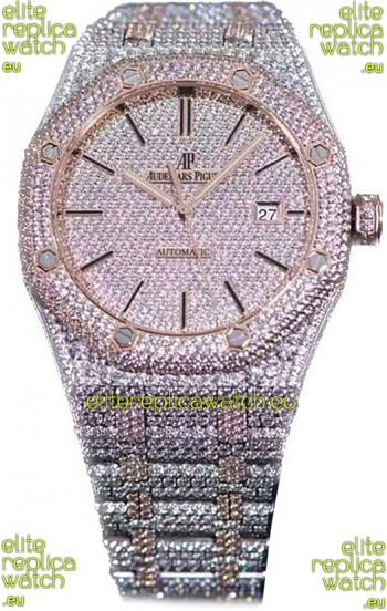 Audemars Piguet Royal Oak 15400 Iced Out Stick Markers Dial in Two Tone Rose Gold Casing Swiss Replica Watch