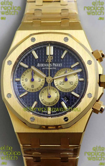 Audemars Piguet Royal Oak Chronograph Yellow Gold Blue Dial Steel Strap Swiss Replica Watch