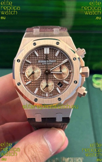 Audemars Piguet Royal Oak Chronograph Rose Gold Brown Dial Leather Strap Swiss Replica Watch