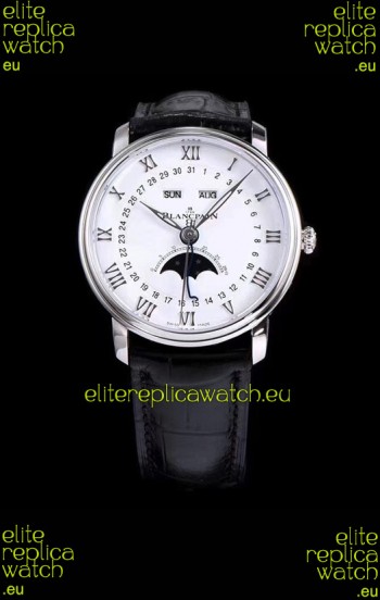 Blancpain "Villeret Quantième Complet" 904L Steel Swiss Watch in White Dial