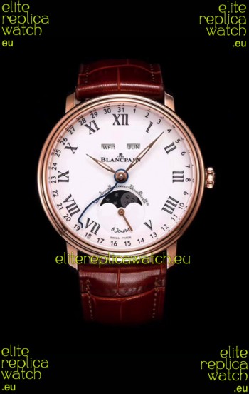 Blancpain "Villeret Quantième Complet" 904L Steel Rose Gold Watch in White Dial