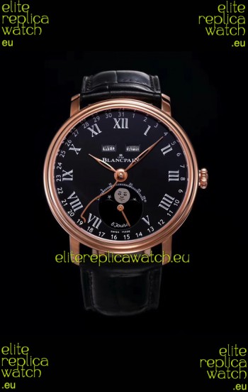 Blancpain "Villeret Quantième Complet" 904L Steel Rose Gold Watch in Black Dial