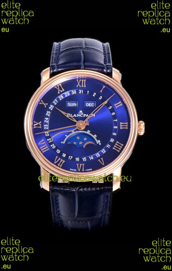 Blancpain "Villeret Quantième Complet" 904L Steel Rose Gold Watch in Blue Dial