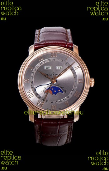 Blancpain "Villeret Quantième Complet" 904L Steel Rose Gold Watch in Grey Dial