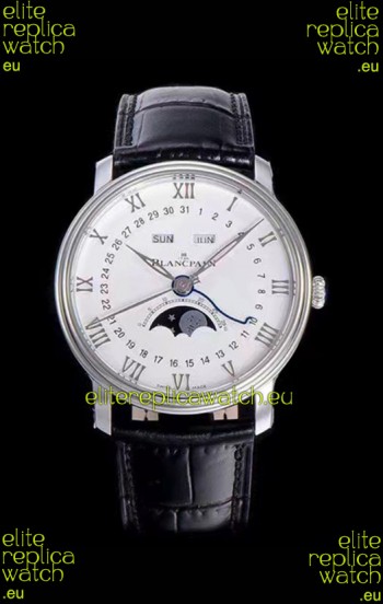 Blancpain "Villeret Quantième Complet" 904L Steel Swiss Watch in Off-White Dial