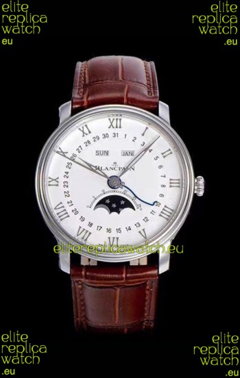 Blancpain "Villeret Quantième Complet" 904L Steel Swiss Watch in Off-White Dial